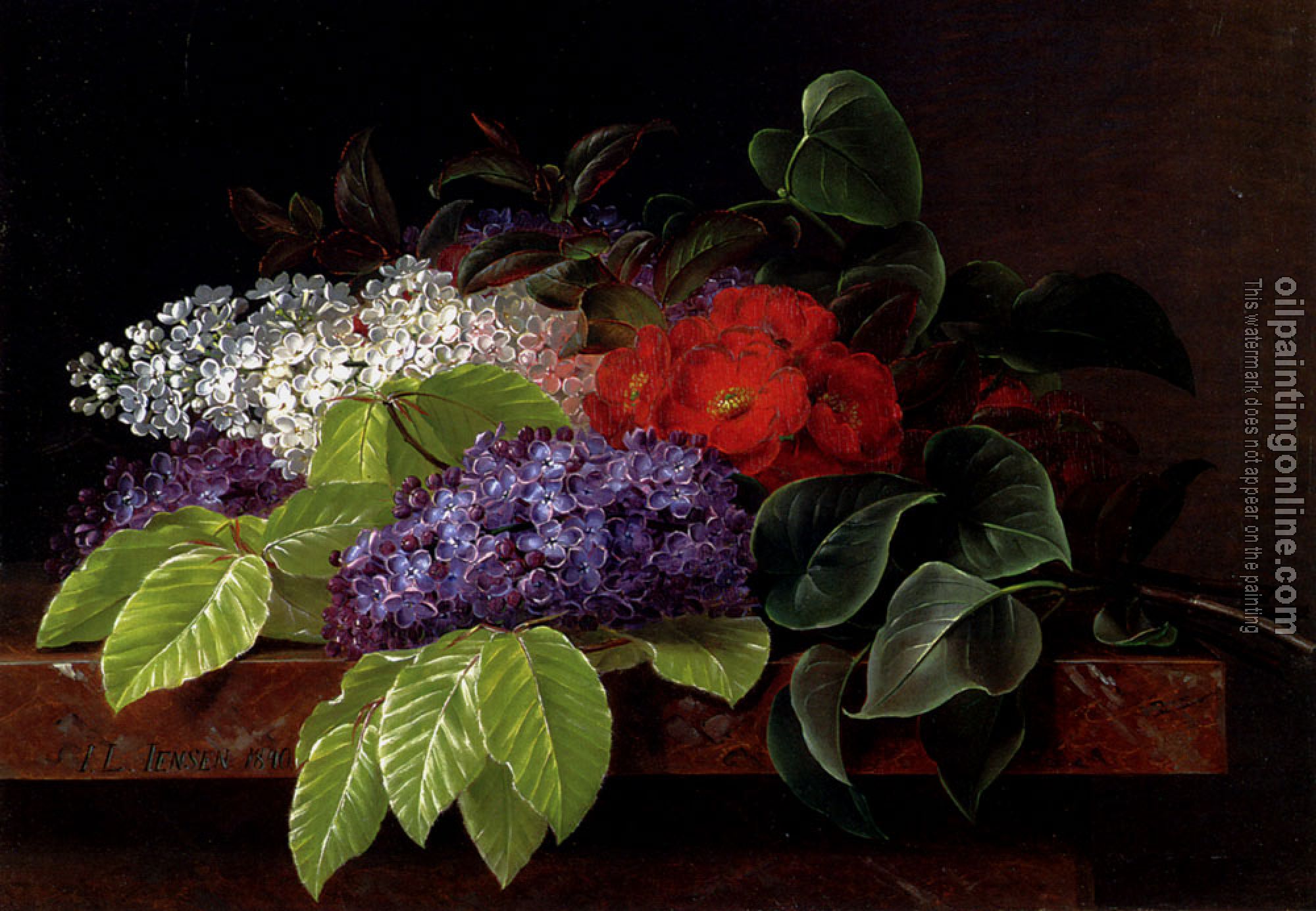 Johan Laurentz Jensen - White And Purple Lilacs Camellia And Beech Leaves On A Marble Ledge